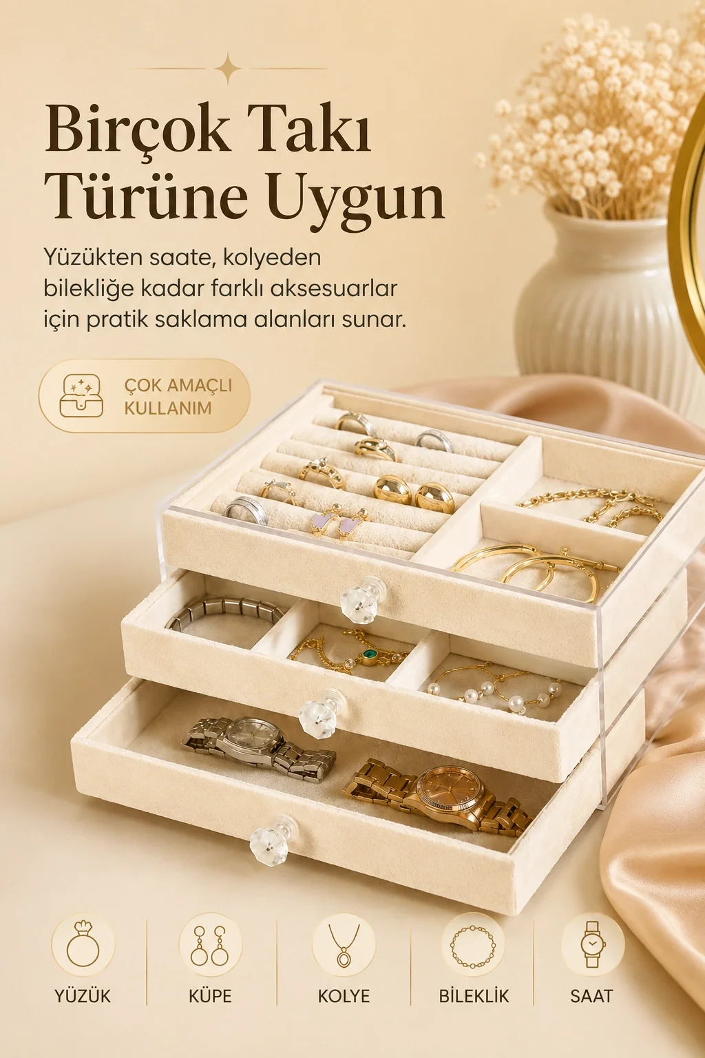 Şeffaf Kapaklı Kadife Takı Kutusu Çekmeceli Yüzük Kolye Saat Organizeri