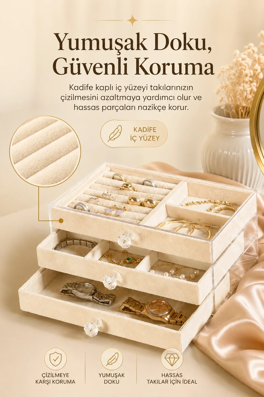 Şeffaf Kapaklı Kadife Takı Kutusu Çekmeceli Yüzük Kolye Saat Organizeri