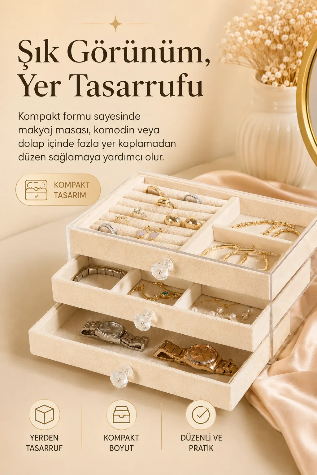 Şeffaf Kapaklı Kadife Takı Kutusu Çekmeceli Yüzük Kolye Saat Organizeri