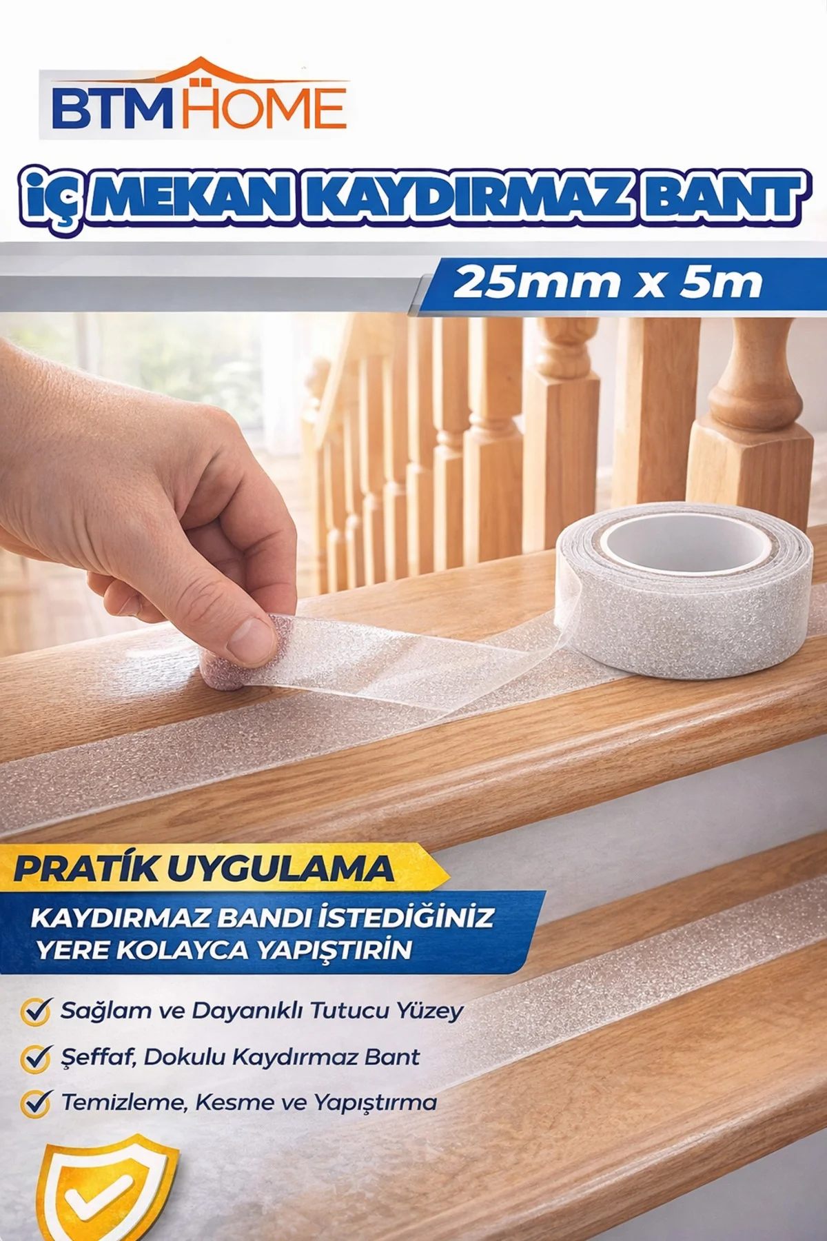 Şeffaf Kaydırmaz Bant 25mm x 5m İç Mekan Merdiven Zemin Güvenlik 