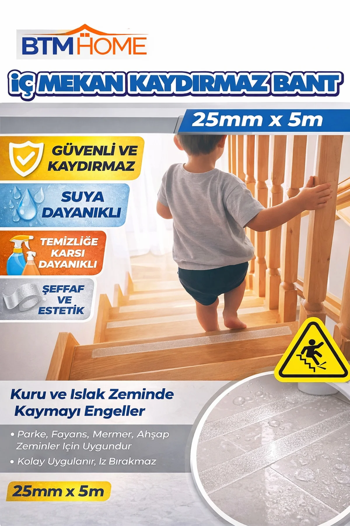Şeffaf Kaydırmaz Bant 25mm x 5m İç Mekan Merdiven Zemin Güvenlik 