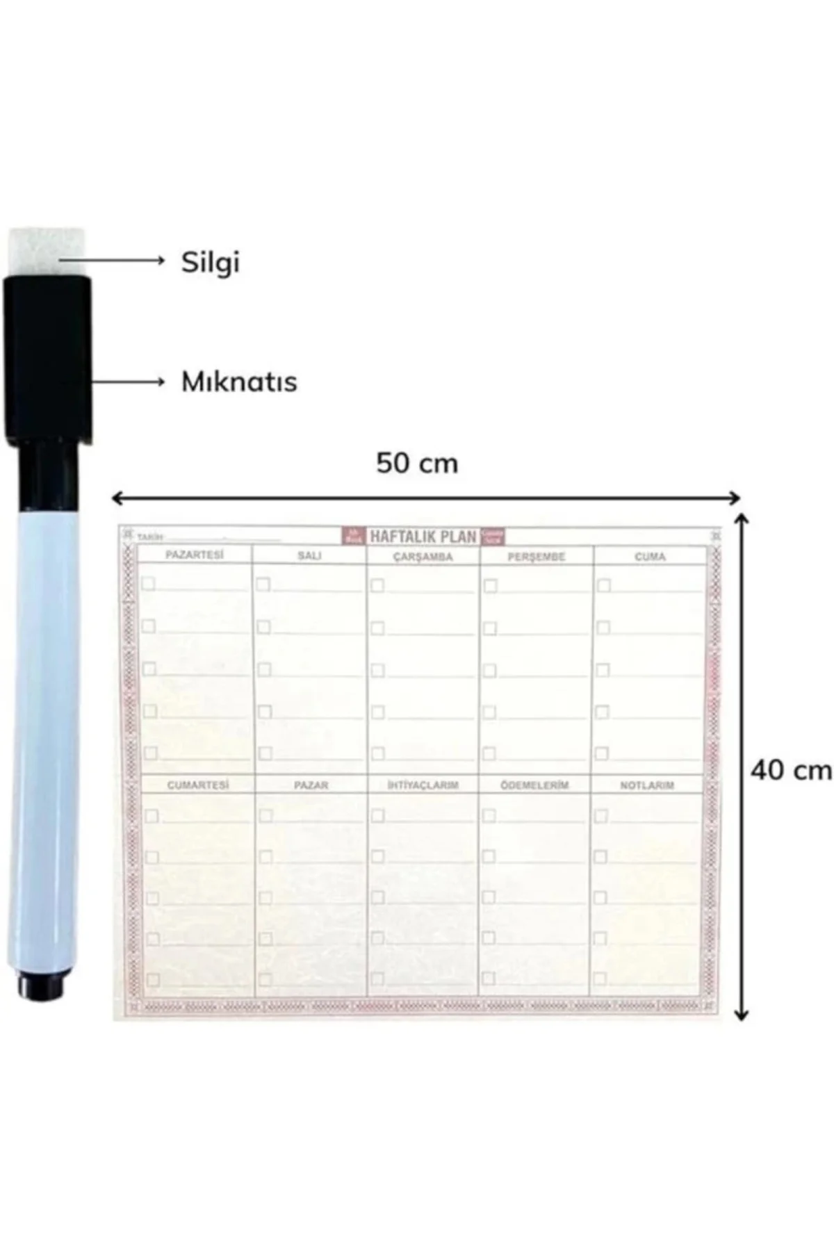 ® Şeffaf Kendiliğinden Yapışkanlı Kalemli Haftalık Planlayıcı 40cm 50cm