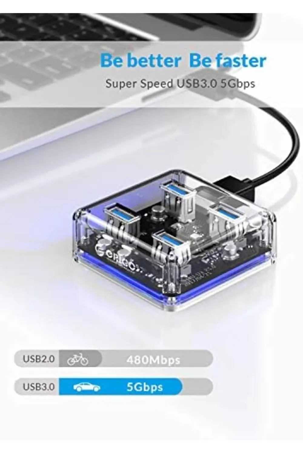 Şeffaf Led Işıklı 5Gbps 4 Portlu USB-A 3.0 Çoklayıcı 30 cm Kablol