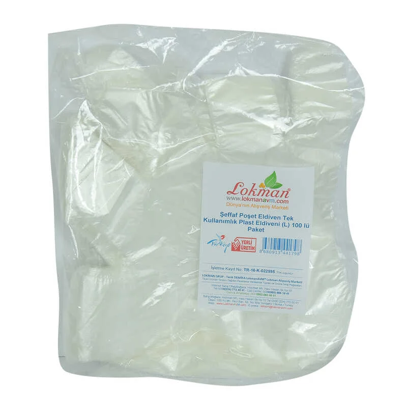 Şeffaf Poşet Eldiven (L) 100'lü Paket - Tek Kullanımlık Plast Eldiven