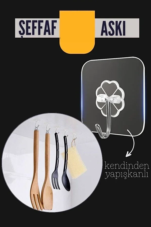 Şeffaf Yapışkanlı Askı, Mutfak Banyo Duvar Askısı, Çivisiz Pratik