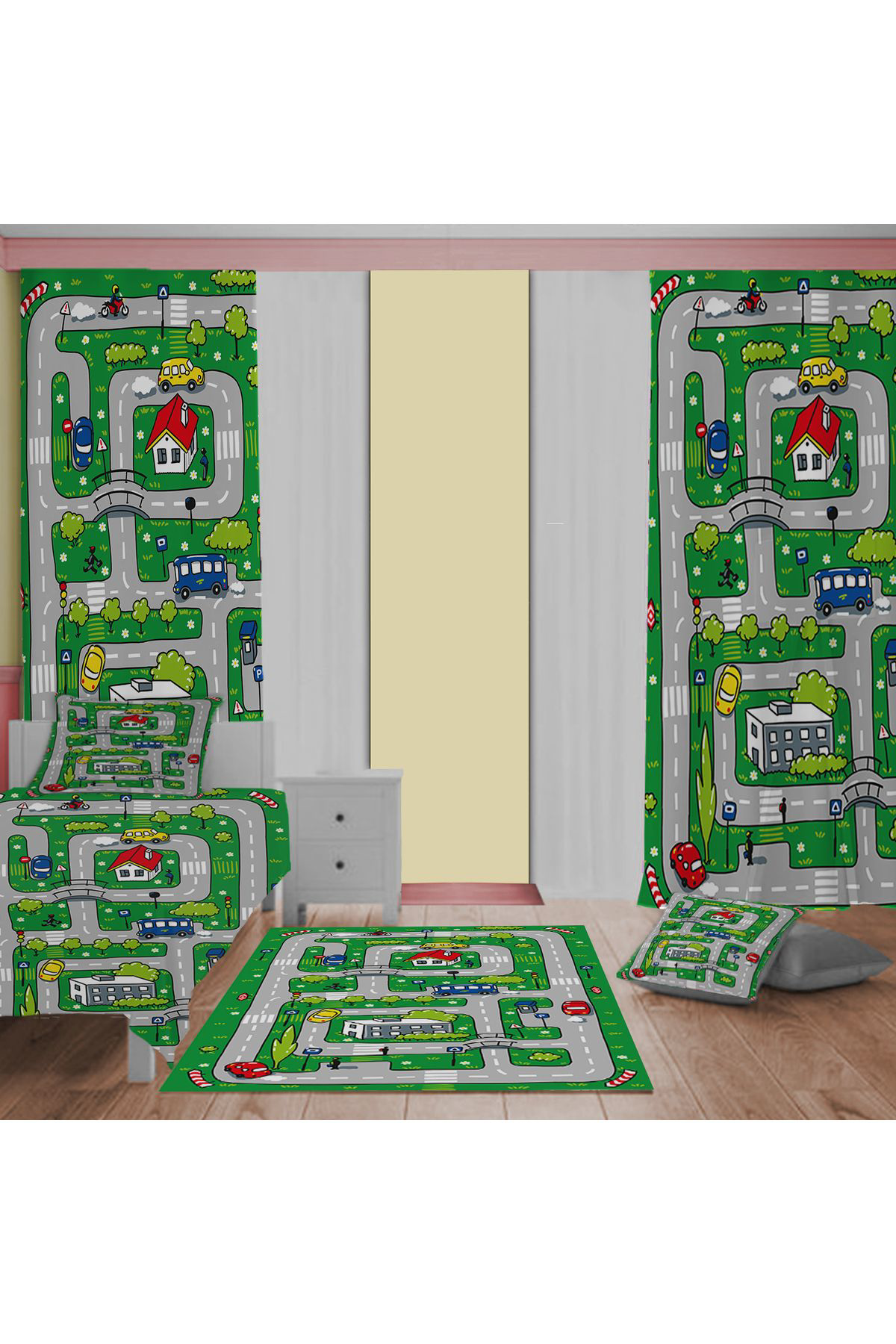 Evan Home Şehir Ve Yol Desenli Çocuk Odası Takım Perde (İki Kanat),Yatak Örtüsü,Yastık,Kırlent ,Halı,