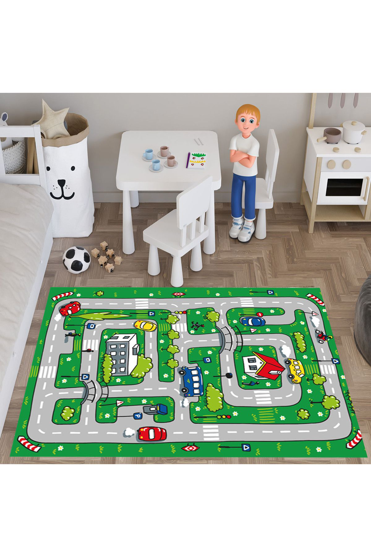 Evan Home Şehir Ve Yol Desenli Çocuk Odası Takım Perde (İki Kanat),Yatak Örtüsü,Yastık,Kırlent ,Halı,