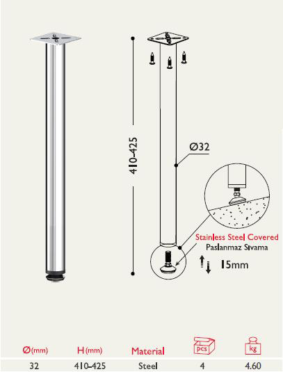 Gürçay Hirdavat Sehpa Ayaği 13.171 - 32Mm - 4 Adet
