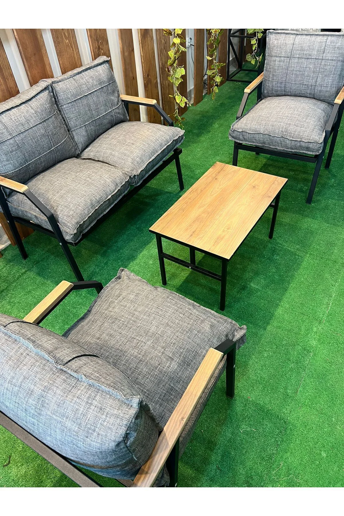 Sehpalı Gri Fermuarlı Bahçe Balkon Takımı, Cafe, Salon - Metal Kanepe Koltuk Takımı