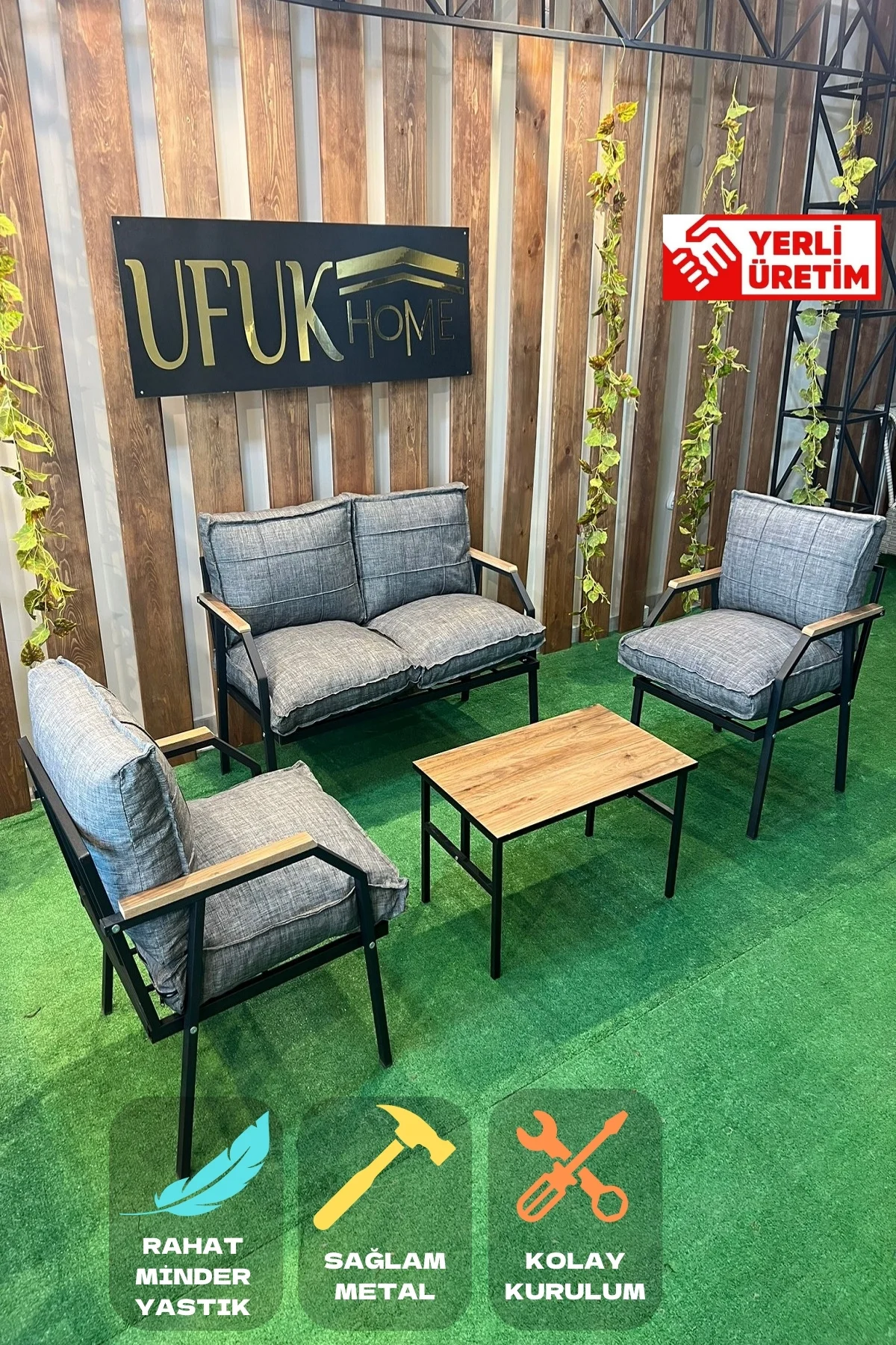 Sehpalı Gri Fermuarlı Bahçe Balkon Takımı, Cafe, Salon - Metal Kanepe Koltuk Takımı