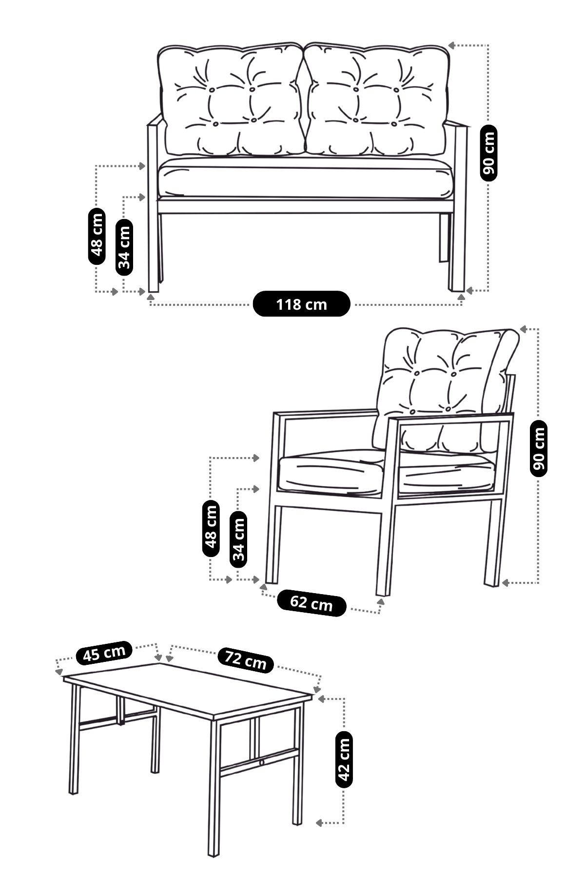 Sehpalı Gri Fermuarlı Bahçe Balkon Takımı, Cafe, Salon - Metal Ka