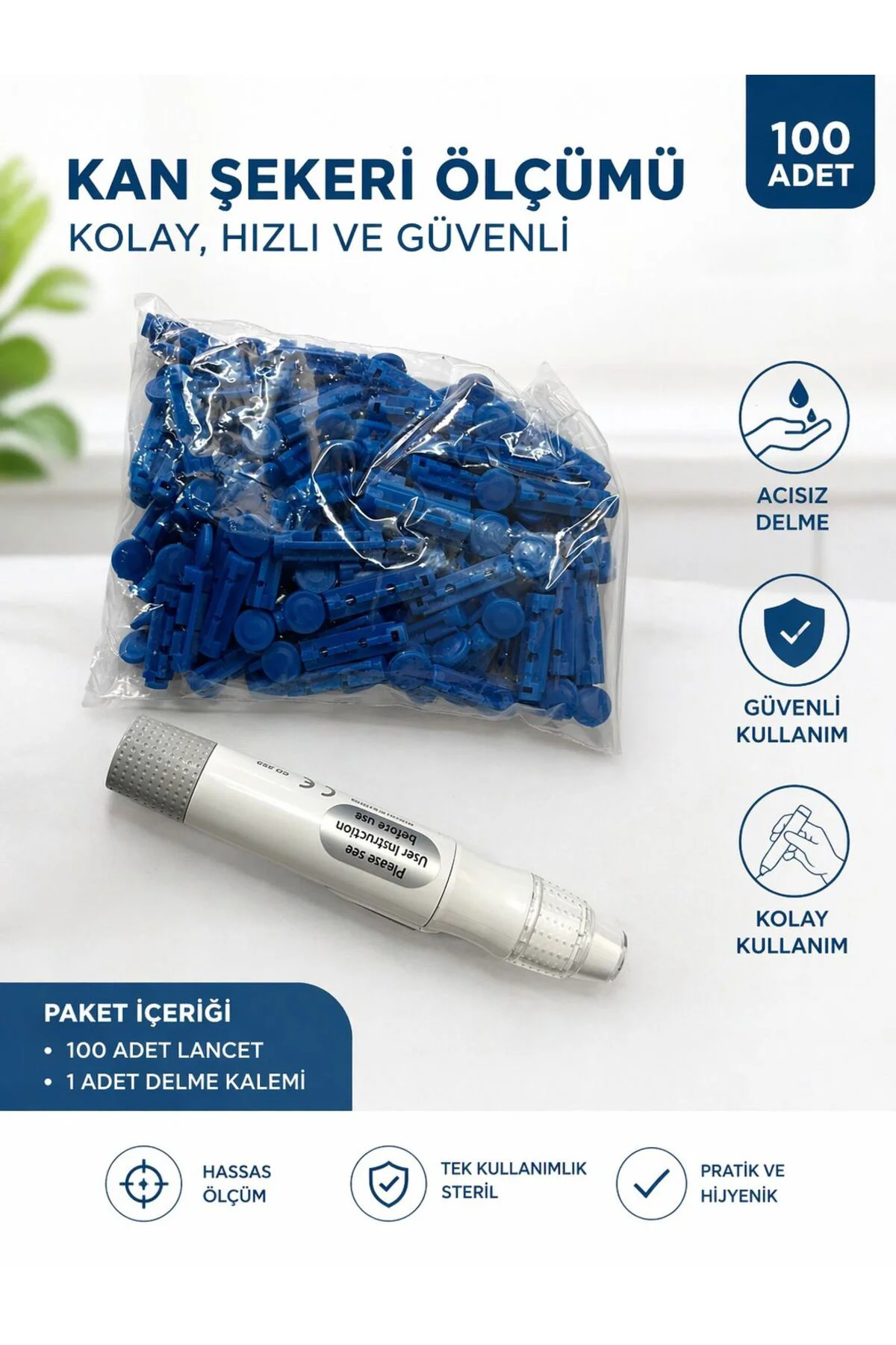 Şeker Ölçüm Cihazı Delme Kalemi Ve 100 Adet Lanset Parmak Delme