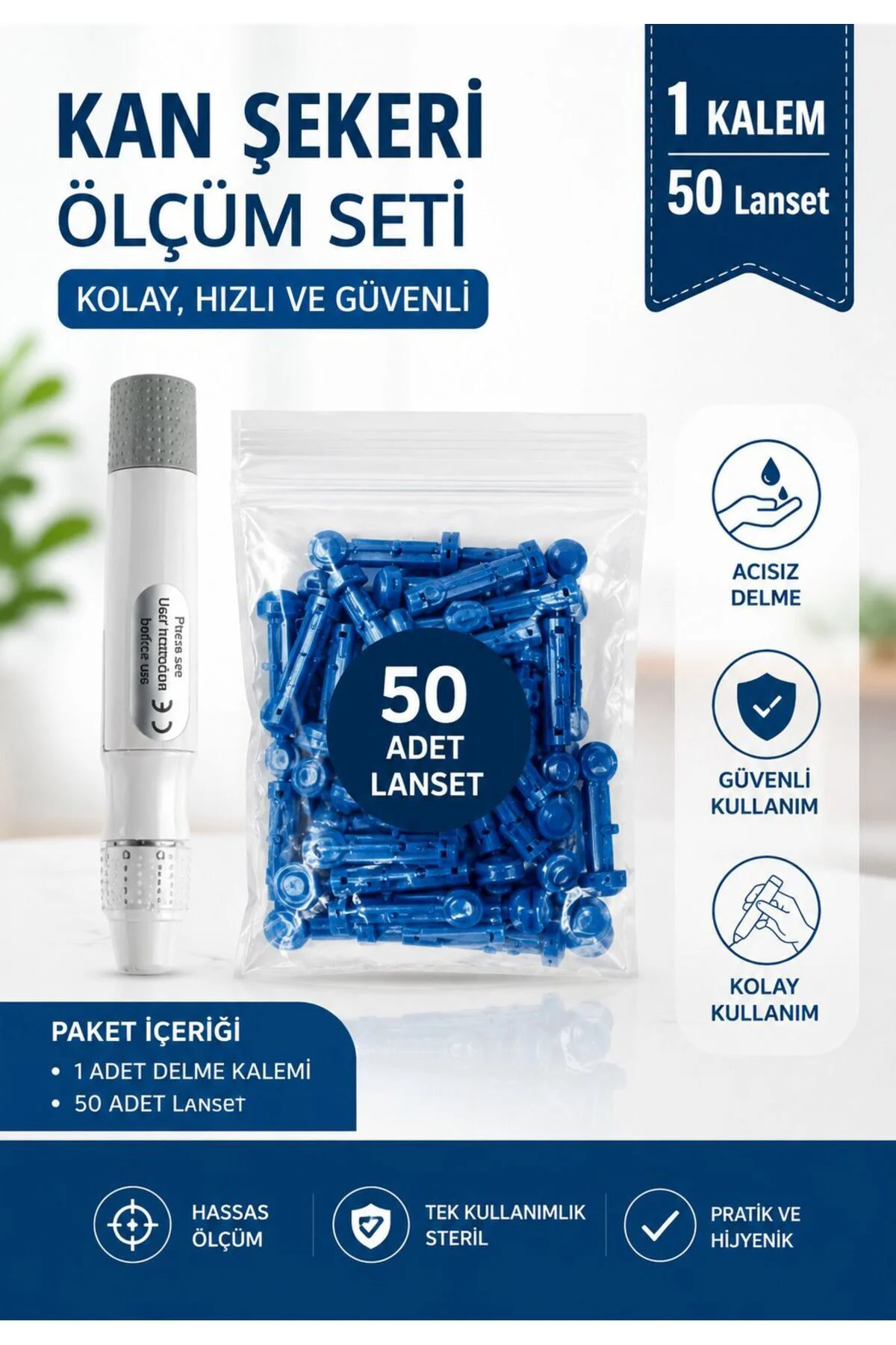 Şeker Ölçüm Cihazı Delme Kalemi Ve 50 Adet Lanset Parmak Delme