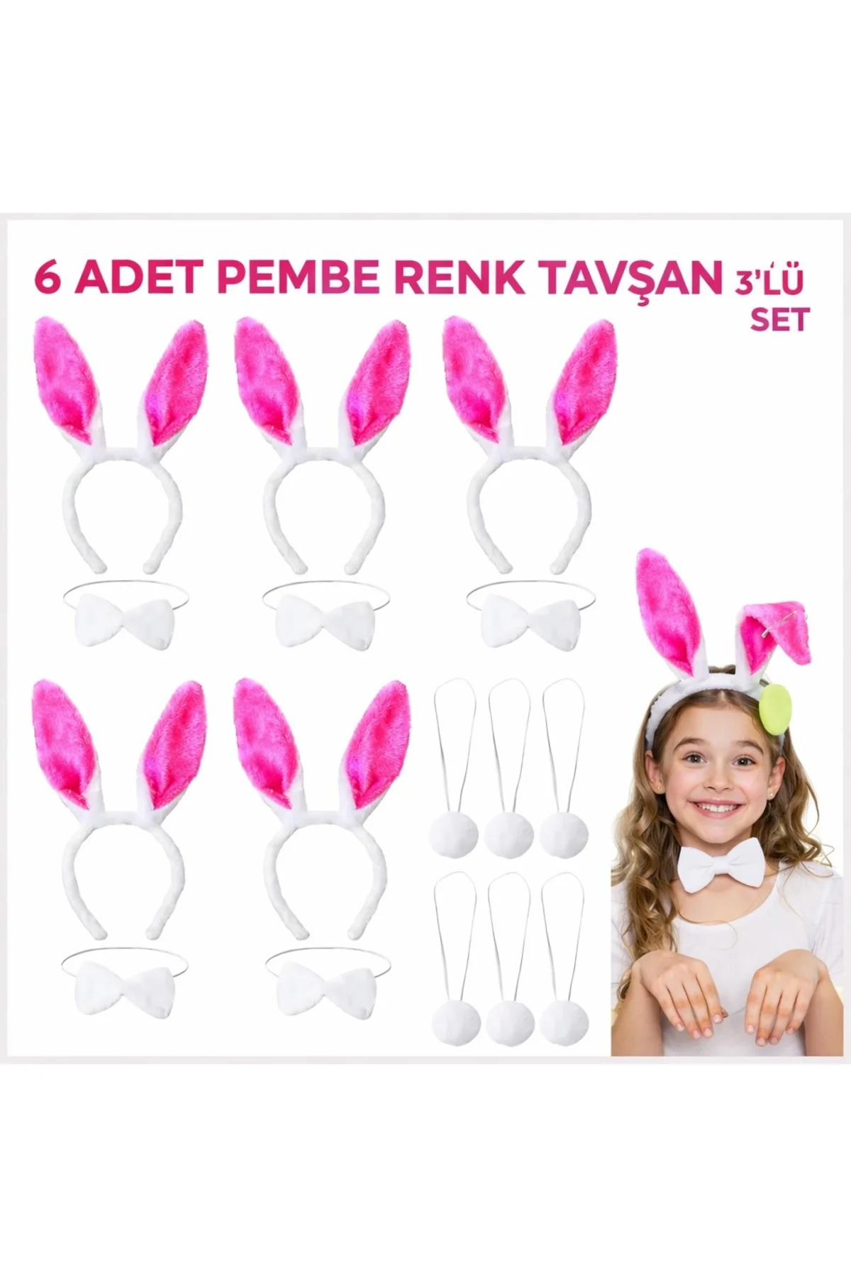 Şeker Pembesi Tavşan Sahne Seti 6&amp;#39;lı Set Taç Papyon Kuyruk