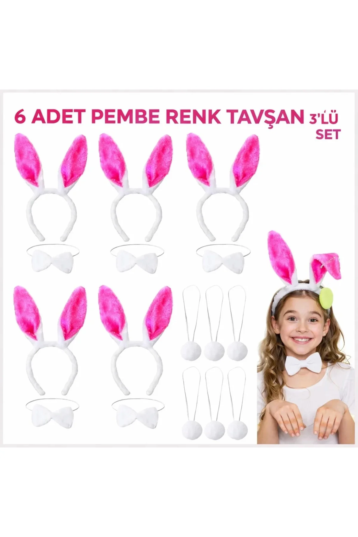 Şeker Pembesi Tavşan Sahne Seti 6'lı Set Taç Papyon Kuyruk Şeker Pembesi Tavşan Sahne Seti 6'lı Set Taç Papyon Kuyruk