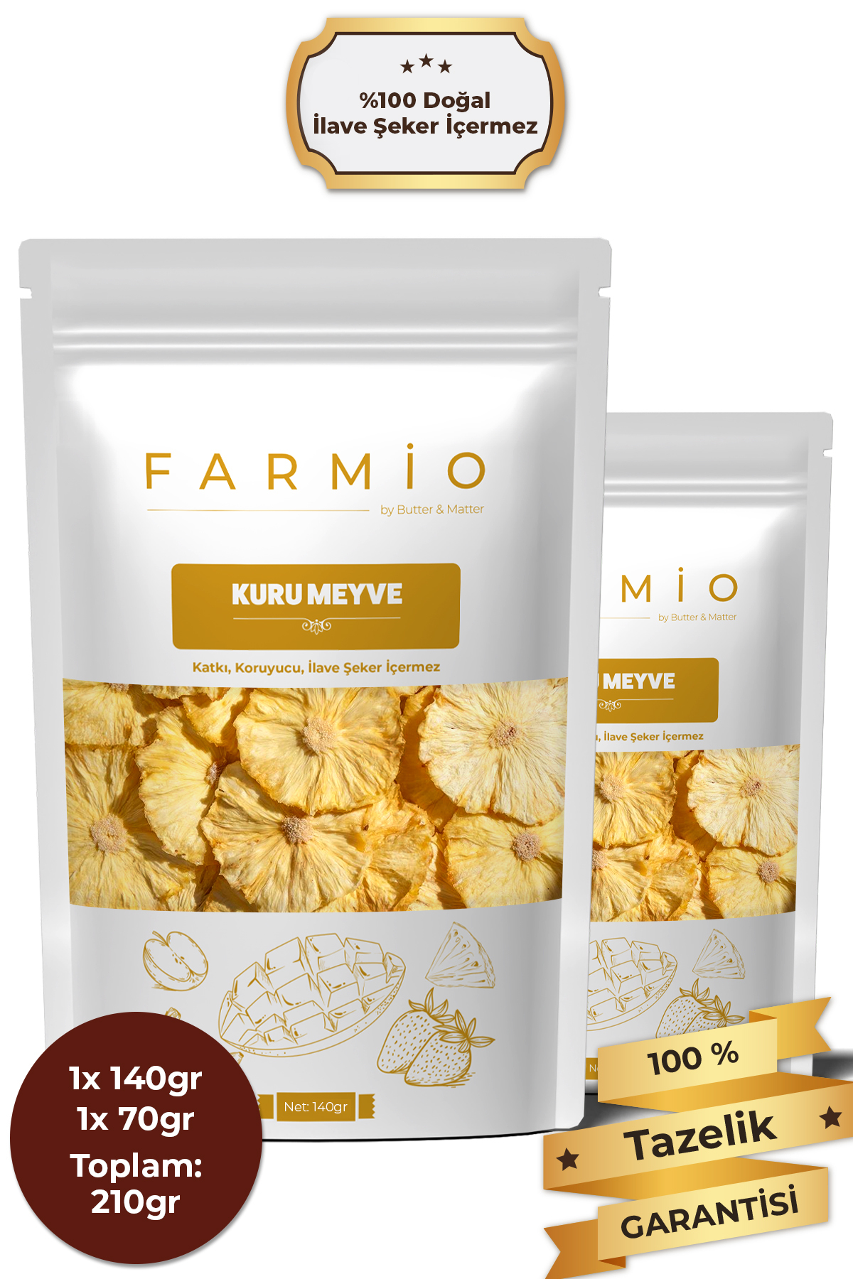 Şekersiz Kurutulmuş Ananas – 210gr – Doğal ve Katkısız