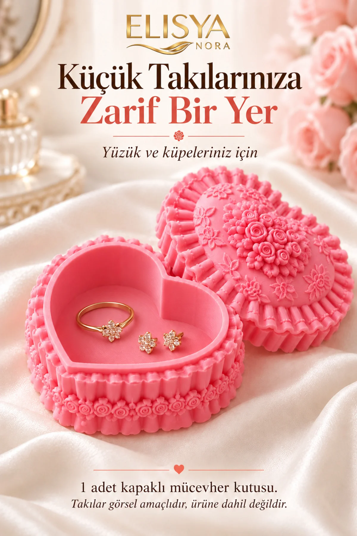 Şeklinde Gül ve Fırfır Detaylı Kapaklı Takı Mücevher Kutusu Şeklinde Gül ve Fırfır Detaylı Kapaklı Takı Mücevher Kutusu - Görsel 2