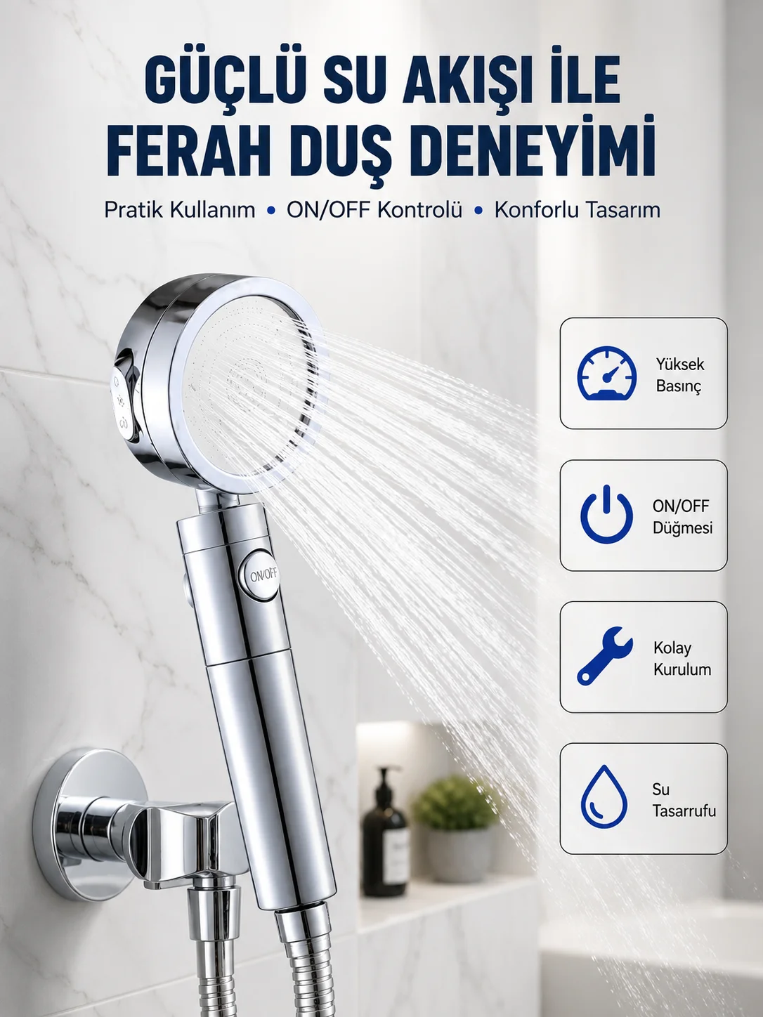 Şelale Sisi ve Masaj Özellikli Banyo Duş Başlığı