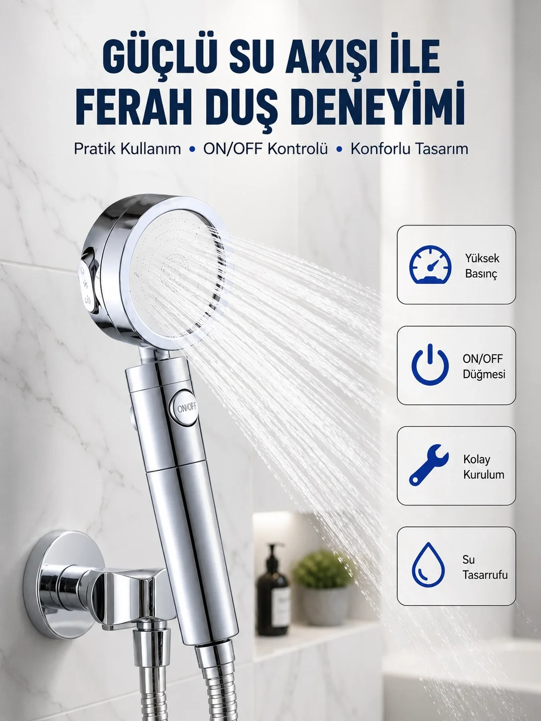 Şelale Sisi ve Masaj Özellikli Banyo Duş Başlığı