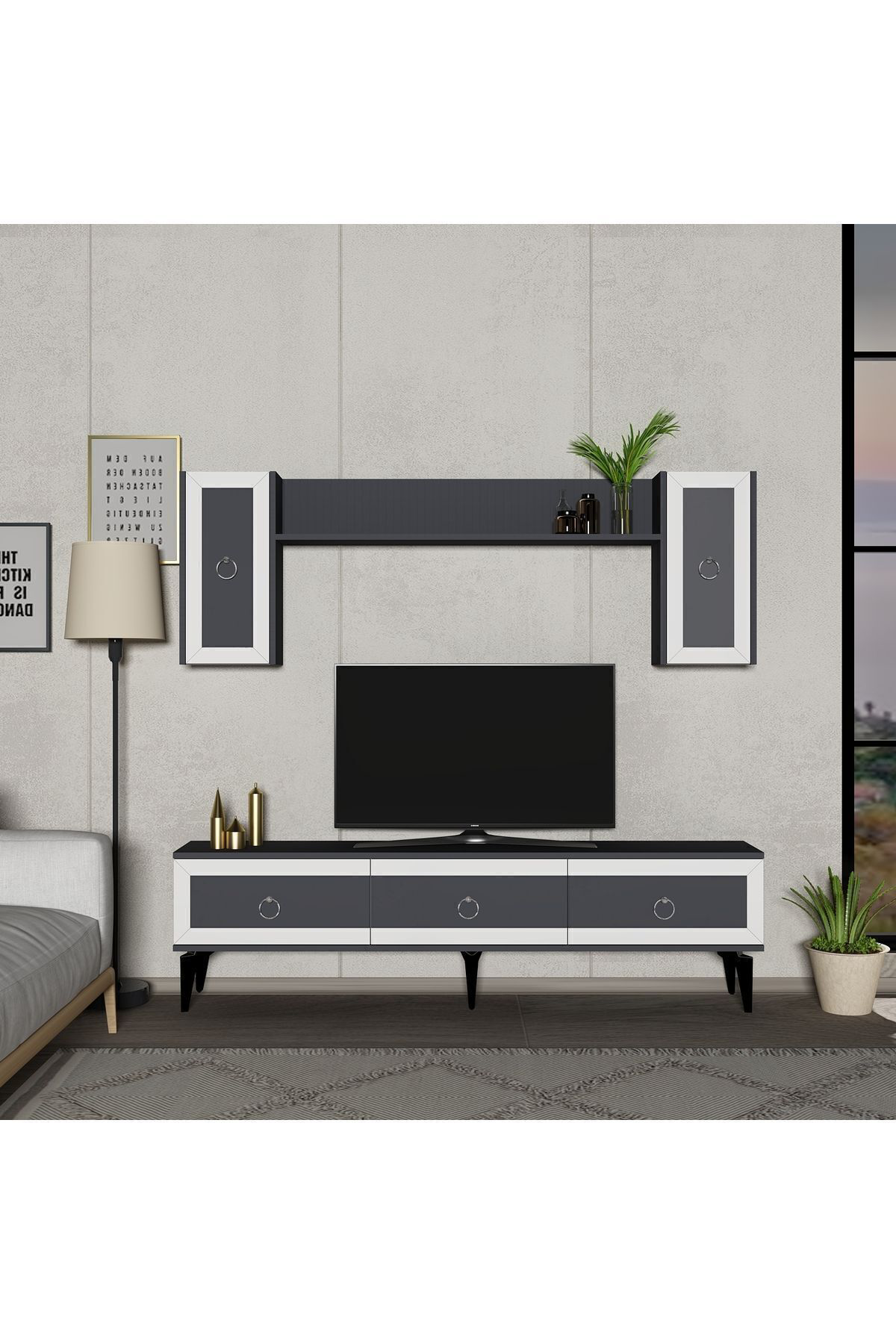 Cantek Dizayn Selen Tv Ünitesi Ve Konsol 2'Li Salon Takımı Antrasit-Beyaz