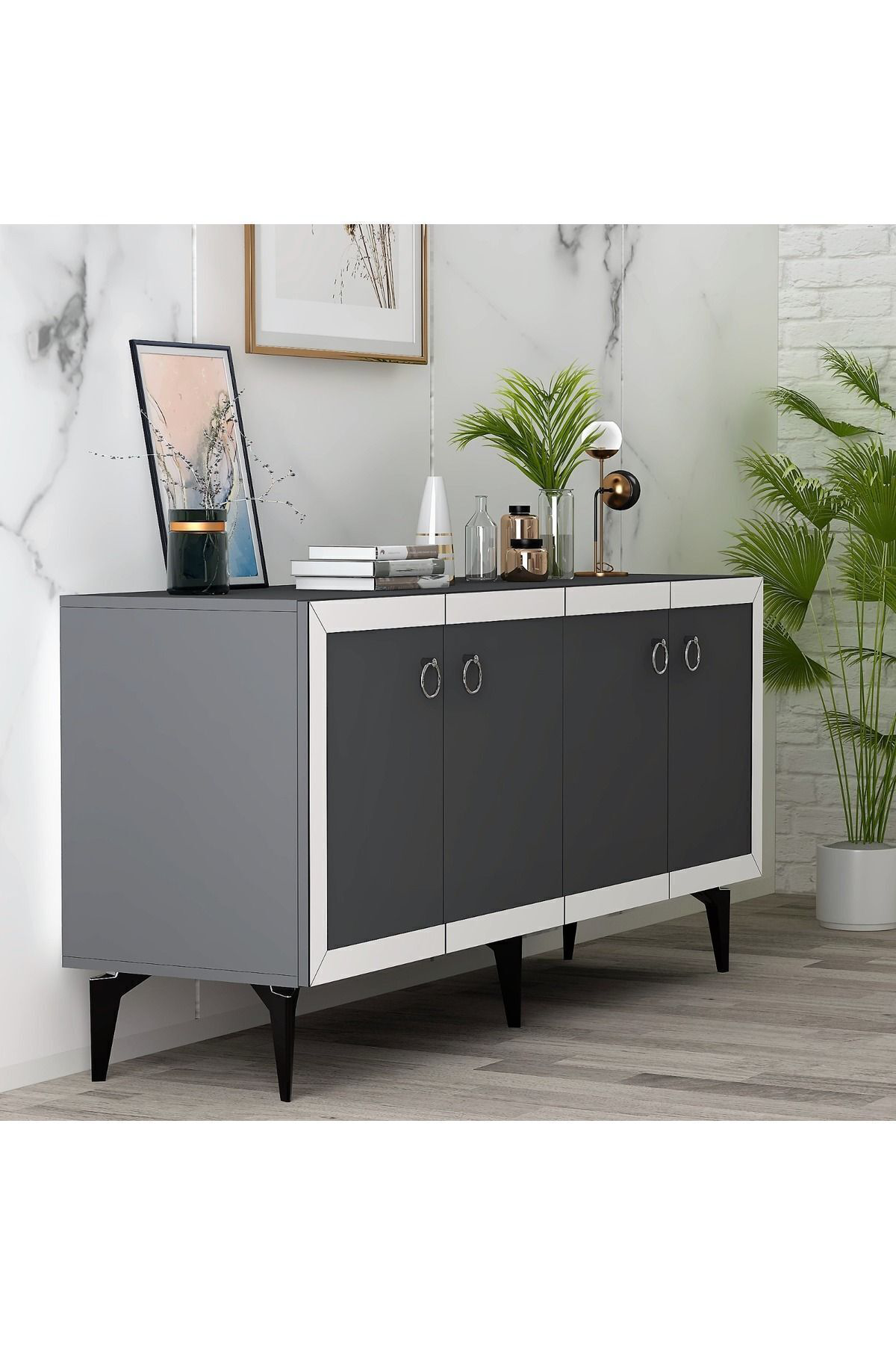 Cantek Dizayn Selen Tv Ünitesi Ve Konsol 2'Li Salon Takımı Antrasit-Beyaz