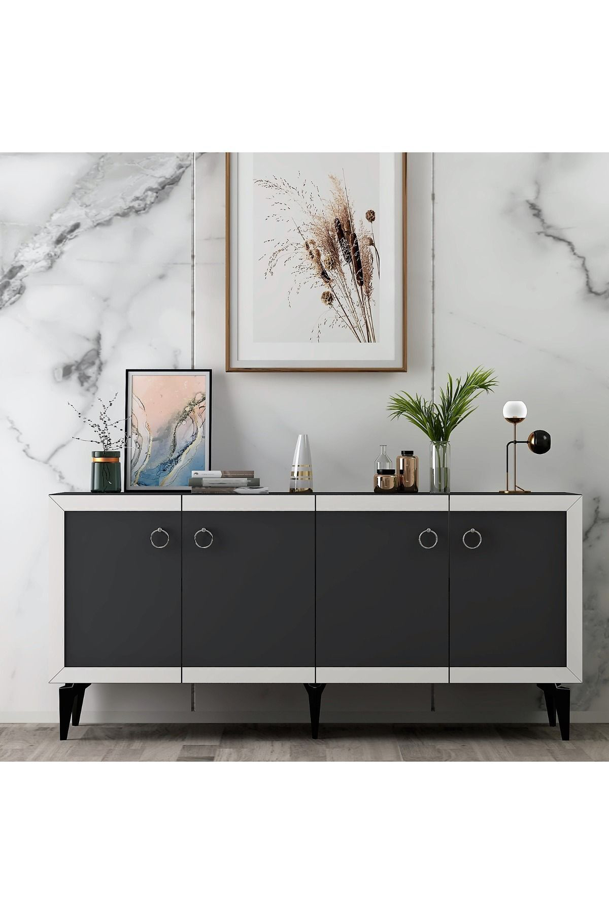 Cantek Dizayn Selen Tv Ünitesi Ve Konsol 2'Li Salon Takımı Antrasit-Beyaz