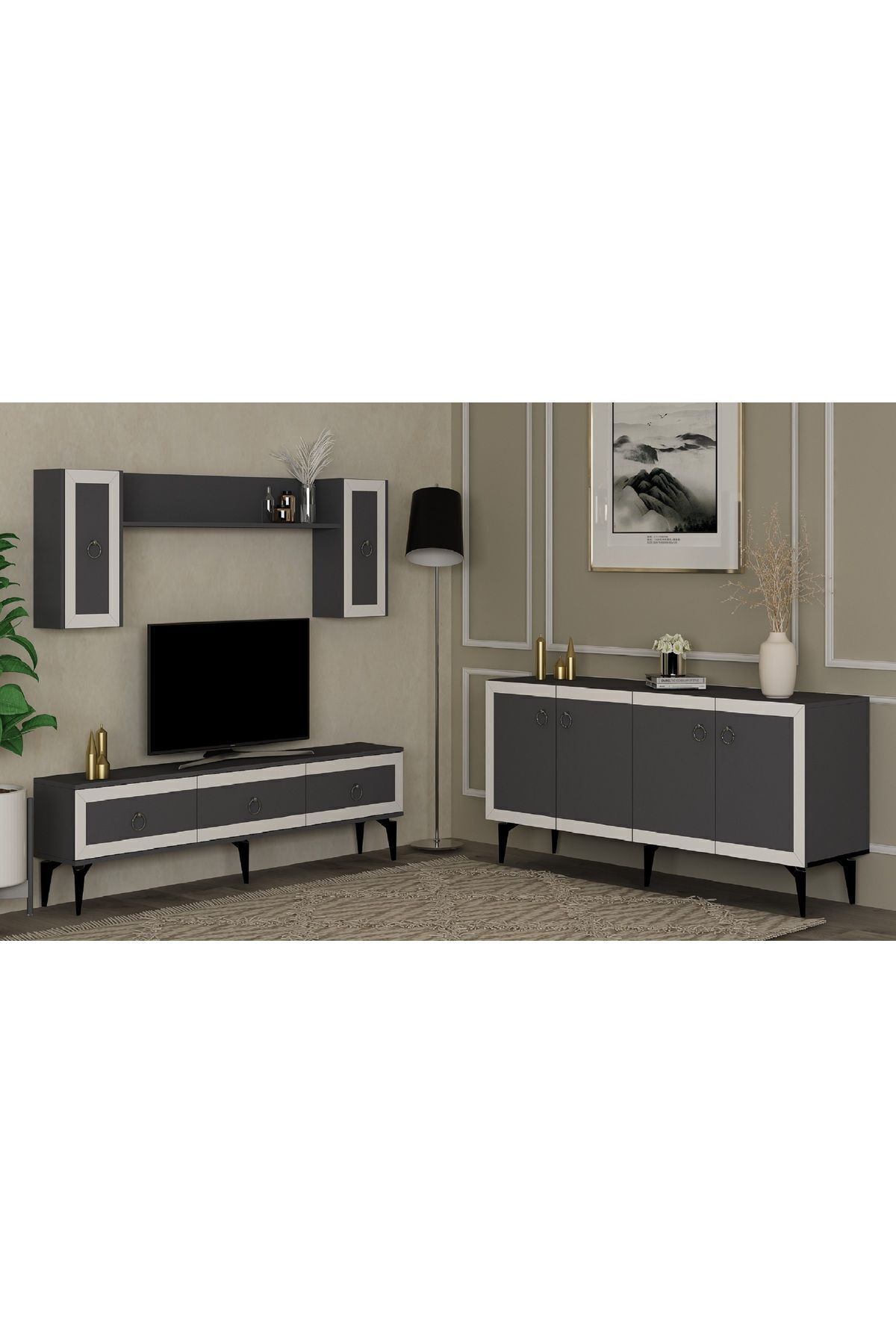 Cantek Dizayn Selen Tv Ünitesi Ve Konsol 2'Li Salon Takımı Antrasit-Beyaz