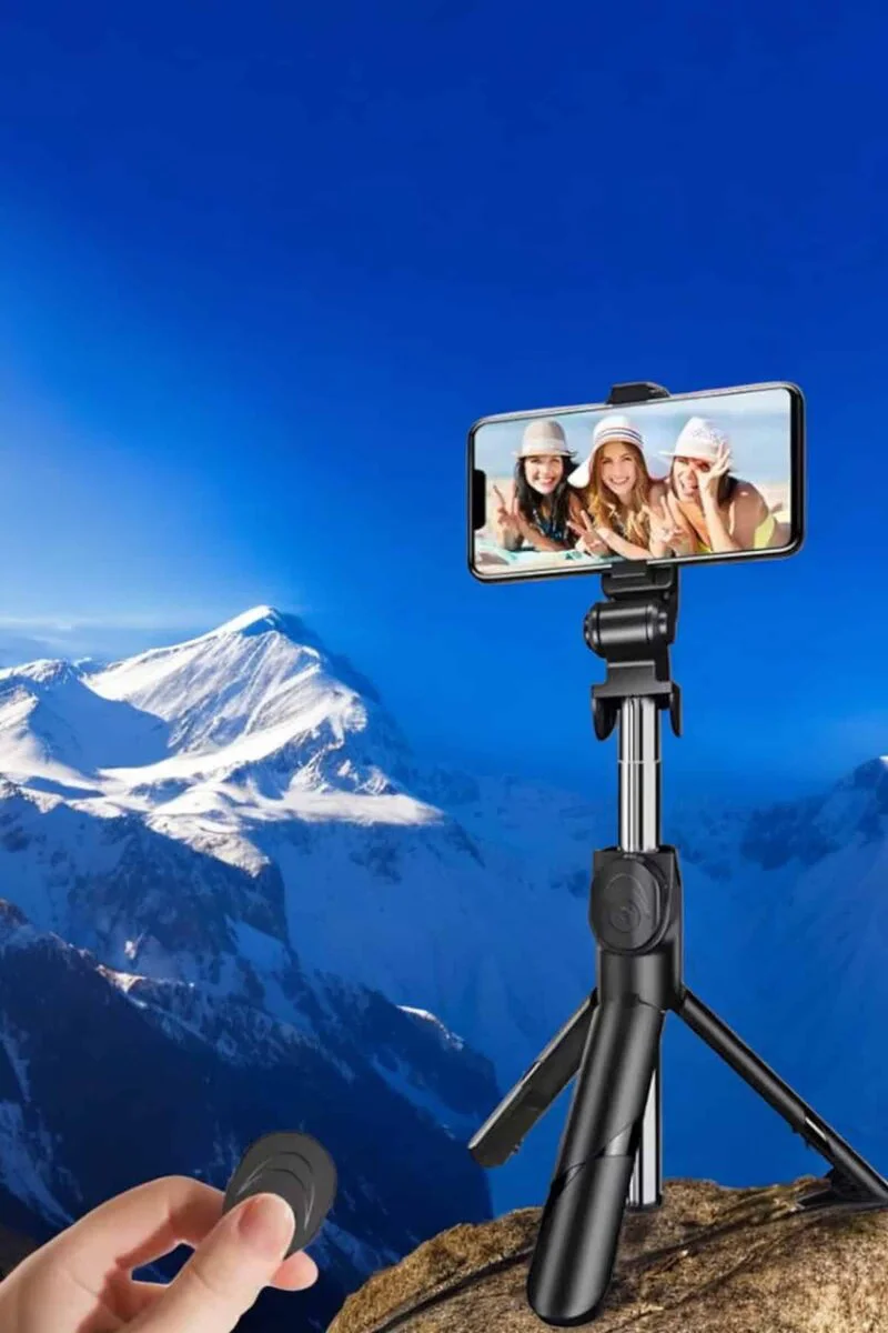Selfie Çubuğu Tripod Kumandalı Telefon Tutucu - Siyah