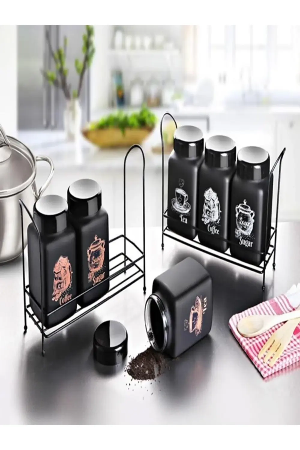 Selka Lüx Demir Standlı Granit Baskılı Cam Baharatlık Seti 3'lü