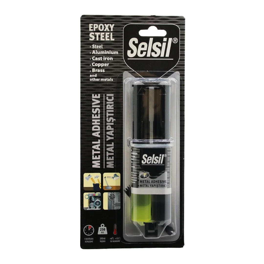 Selsil Epoxy Steel Metal Şırınga Epoksi Yapıştırıcı 28gr. Metal - Çelik - Alüminyum - Ahşap - Plastik Bx40 Selsil Epoxy Steel Metal Şırınga Epoksi Yapıştırıcı 28gr. Metal - Çelik - Alüminyum - Ahşap - Plastik Bx40