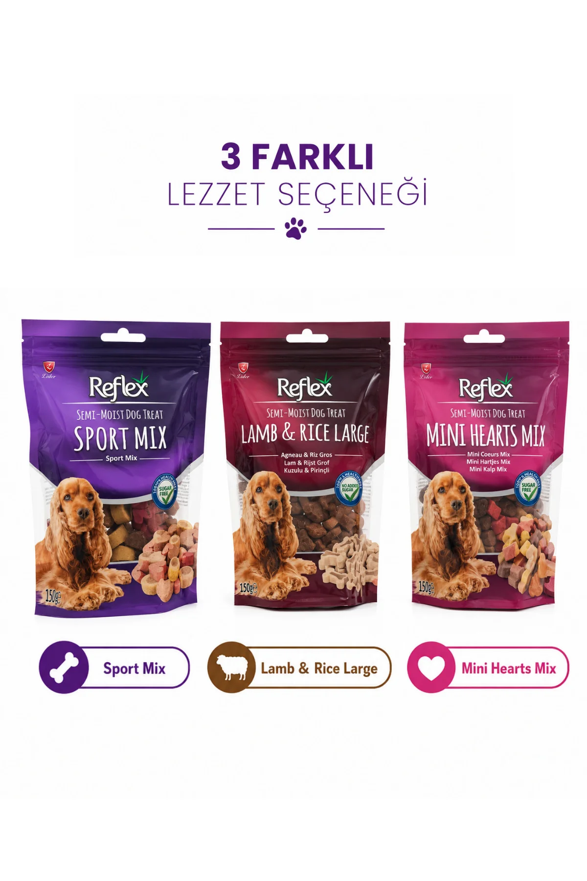 Semi-Moist Köpek Ödül Maması 3'lü Set 150 gr x 3 (450 gr) Yumuşak Yapılı İlave Şekersiz Sport Mix + Lamb & Rice Large + Mini Hearts Mix Semi-Moist Köpek Ödül Maması 3'lü Set 150 gr x 3 (450 gr) Yumuşak Yapılı İlave Şekersiz Sport Mix + Lamb & Rice Large + Mini Hearts Mix