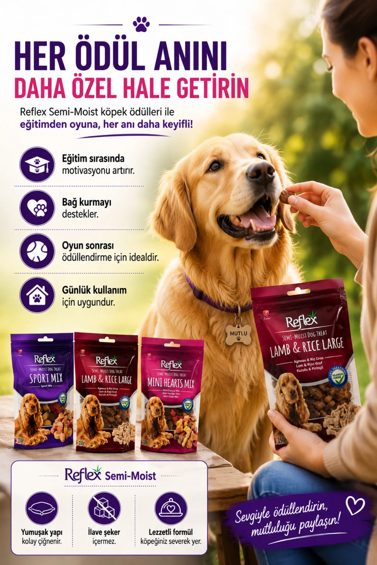 Semi-Moist Köpek Ödül Maması 3'lü Set 150 gr x 3 (450 gr) Yumuşak Yapılı İlave Şekersiz Sport Mix + Lamb & Rice Large + Mini Hearts Mix Semi-Moist Köpek Ödül Maması 3'lü Set 150 gr x 3 (450 gr) Yumuşak Yapılı İlave Şekersiz Sport Mix + Lamb & Rice Large + Mini Hearts Mix
