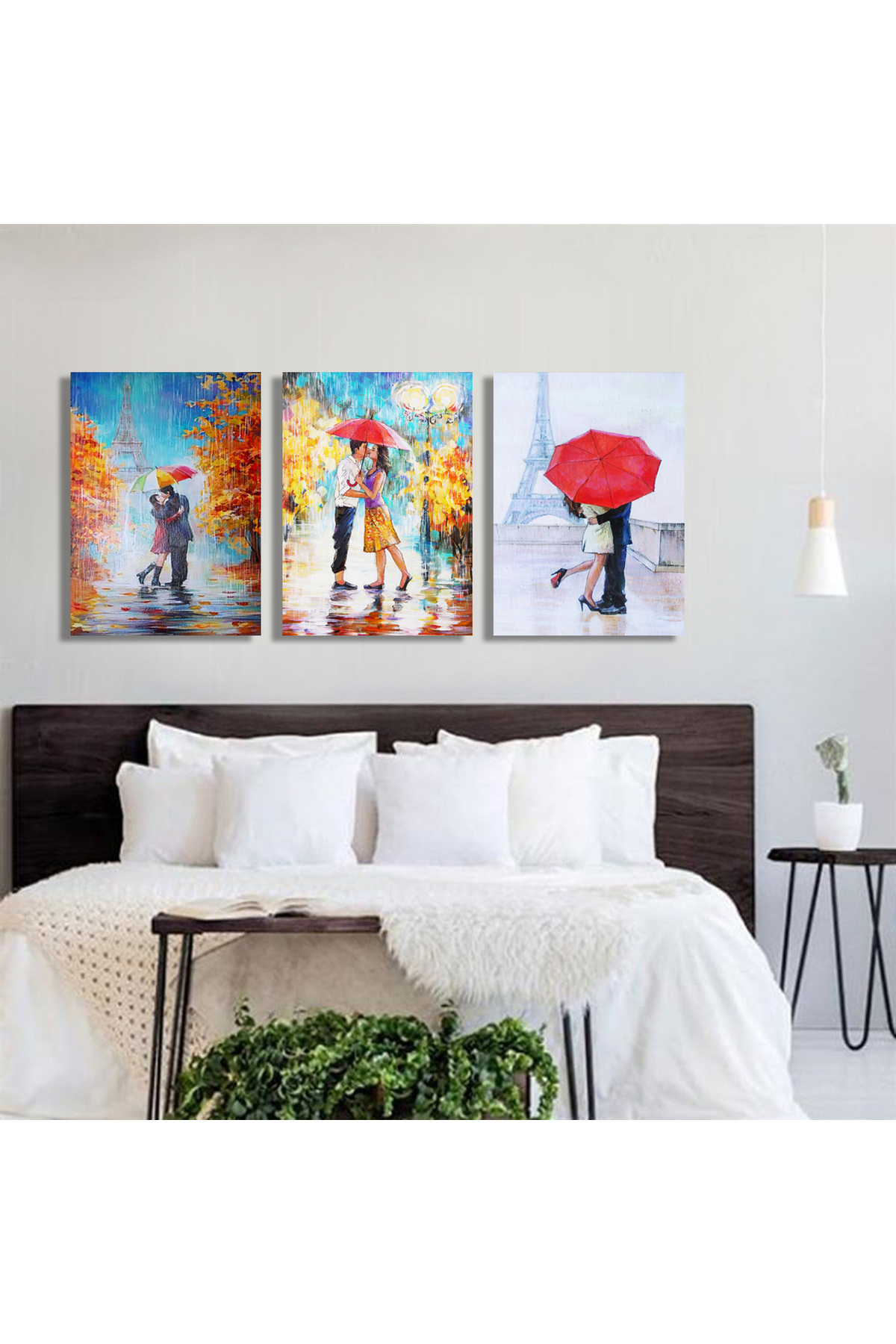 Korkmazkanvas Şemsiye Altında Bir Çift Sevgili. 3'Lü Kanvas Tablo