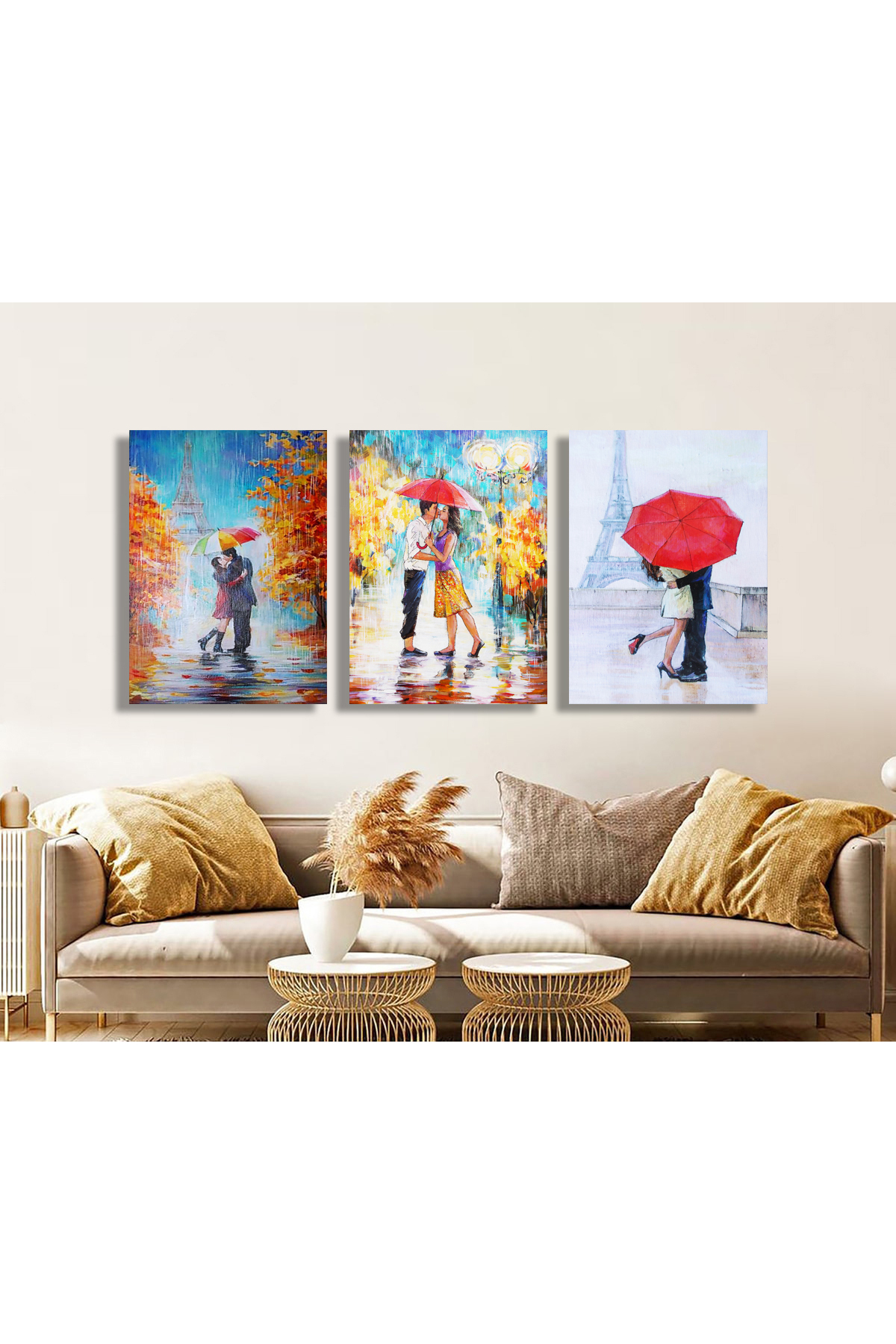 Korkmazkanvas Şemsiye Altında Bir Çift Sevgili. 3'Lü Kanvas Tablo