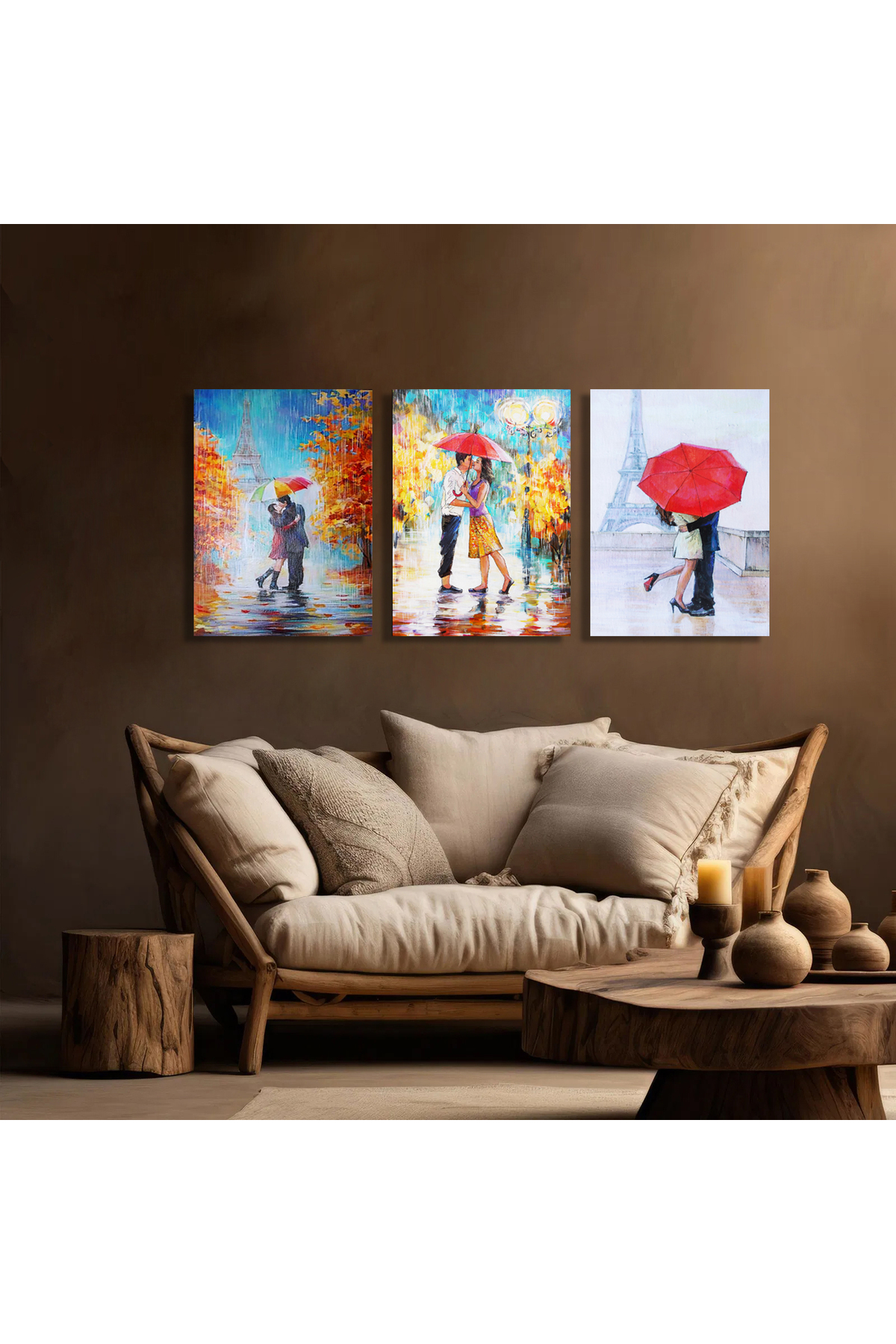 Korkmazkanvas Şemsiye Altında Bir Çift Sevgili. 3'Lü Kanvas Tablo
