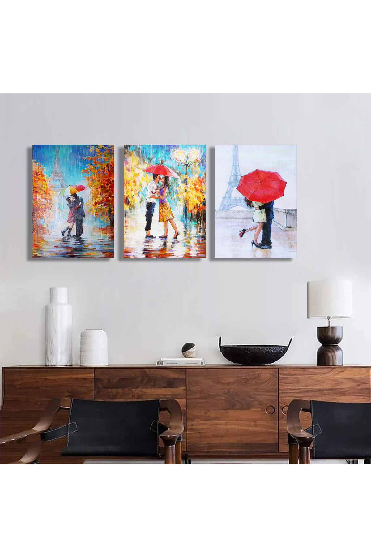 Korkmazkanvas Şemsiye Altında Bir Çift Sevgili. 3'Lü Kanvas Tablo