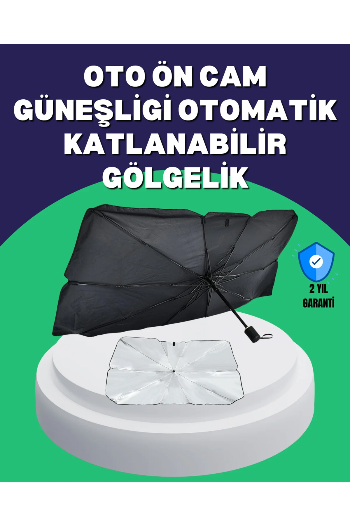 Şemsiye Tasarımlı Katlanabilir Araç Güneşliği – Geniş Uyumlu, UV 