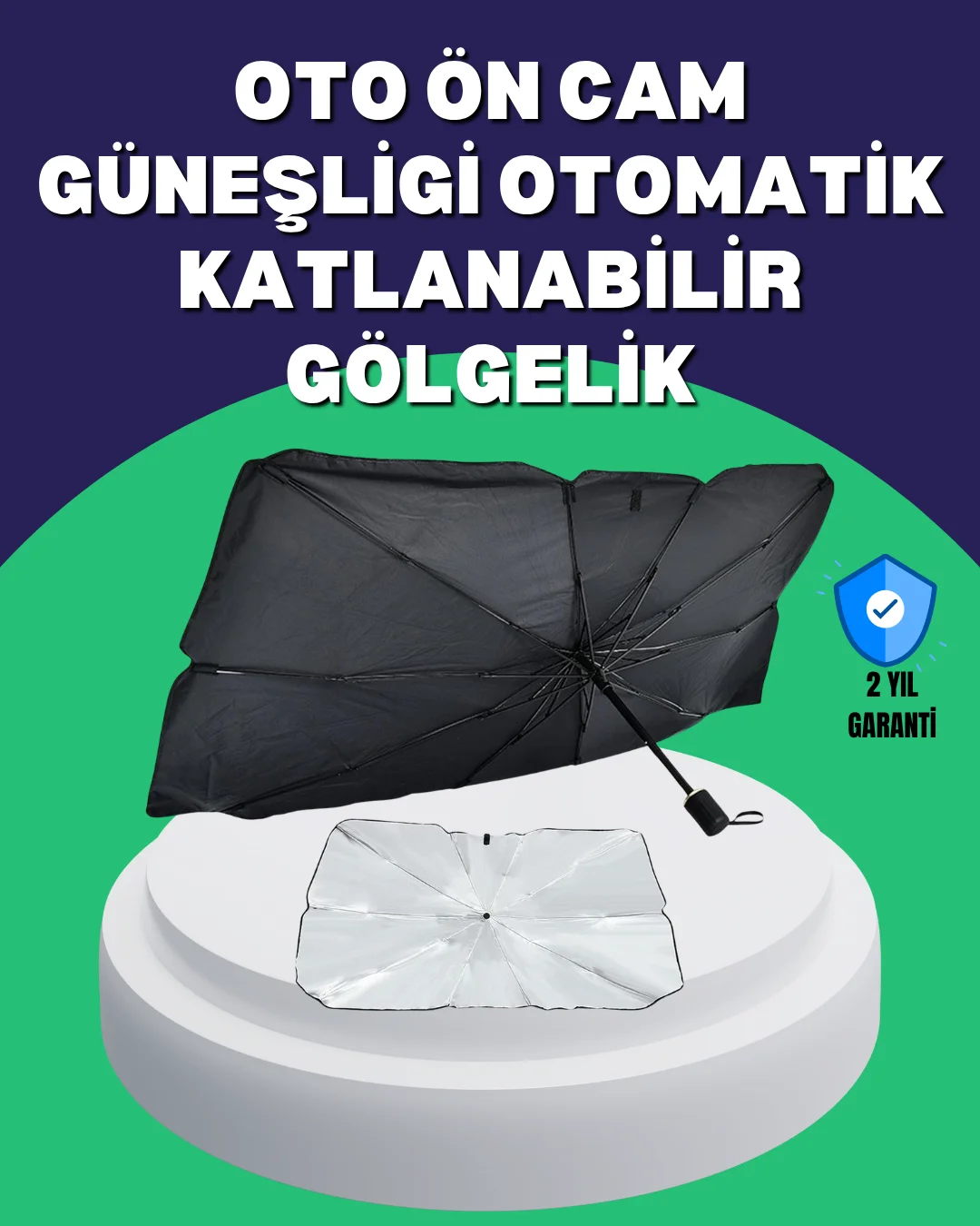 Şemsiye Tasarımlı Katlanabilir Araç Güneşliği – Geniş Uyumlu, UV Koruma