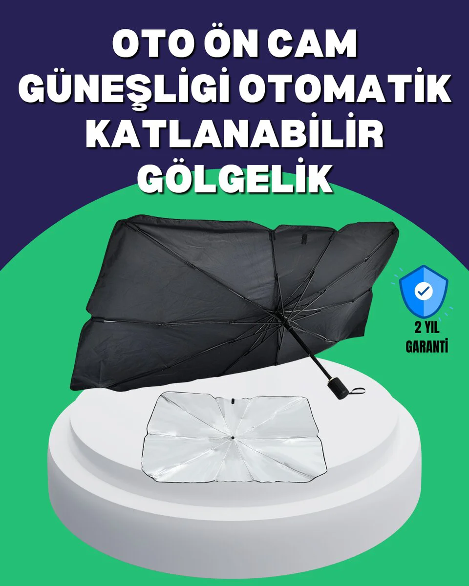 Şemsiye Tasarımlı Katlanabilir Araç Güneşliği - Geniş Uyumlu UV Koruma