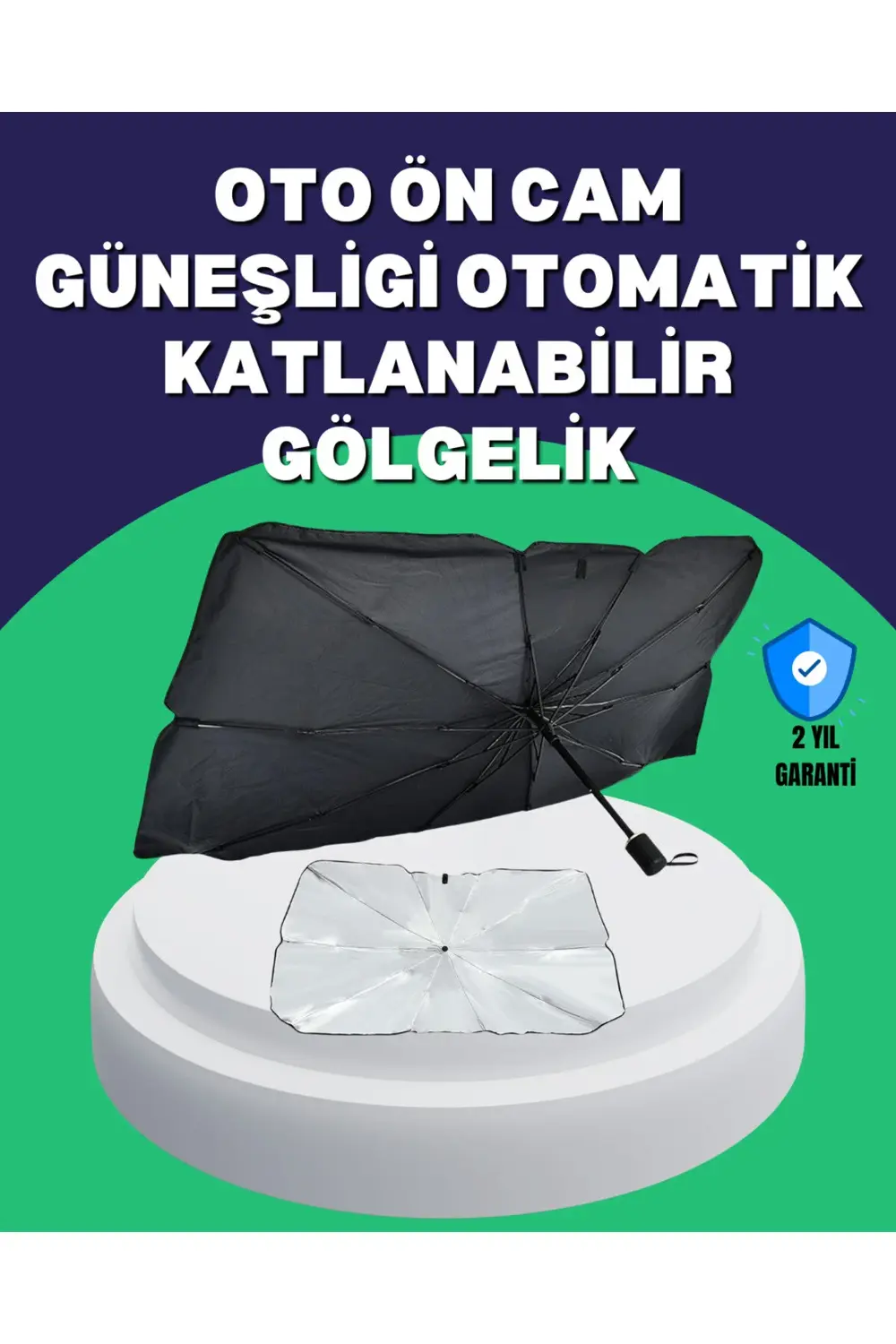 Şemsiye Tasarımlı Katlanabilir Araç Güneşliği – Geniş Uyumlu, UV