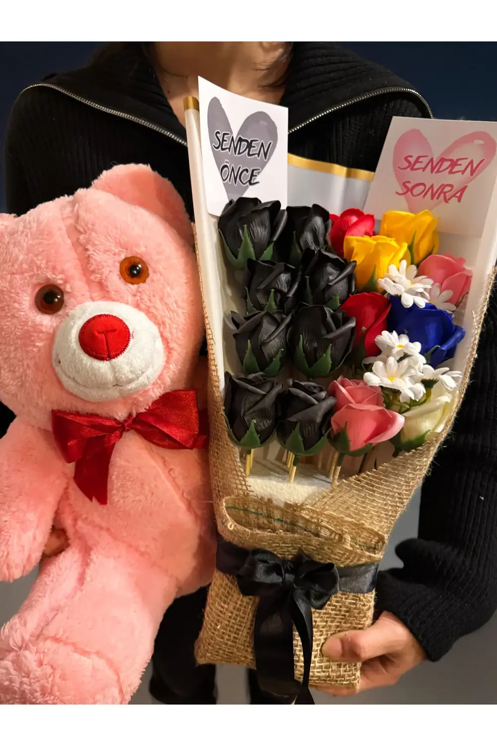 Senden Önce Senden Sonra Gül Buketi ve 35cm Pembe Ayıcık Sevgiliy