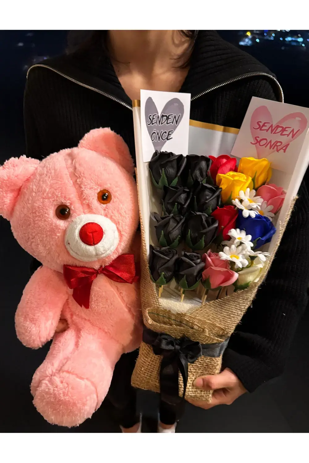 Senden Önce Senden Sonra Gül Buketi ve 35cm Pembe Ayıcık Sevgiliy