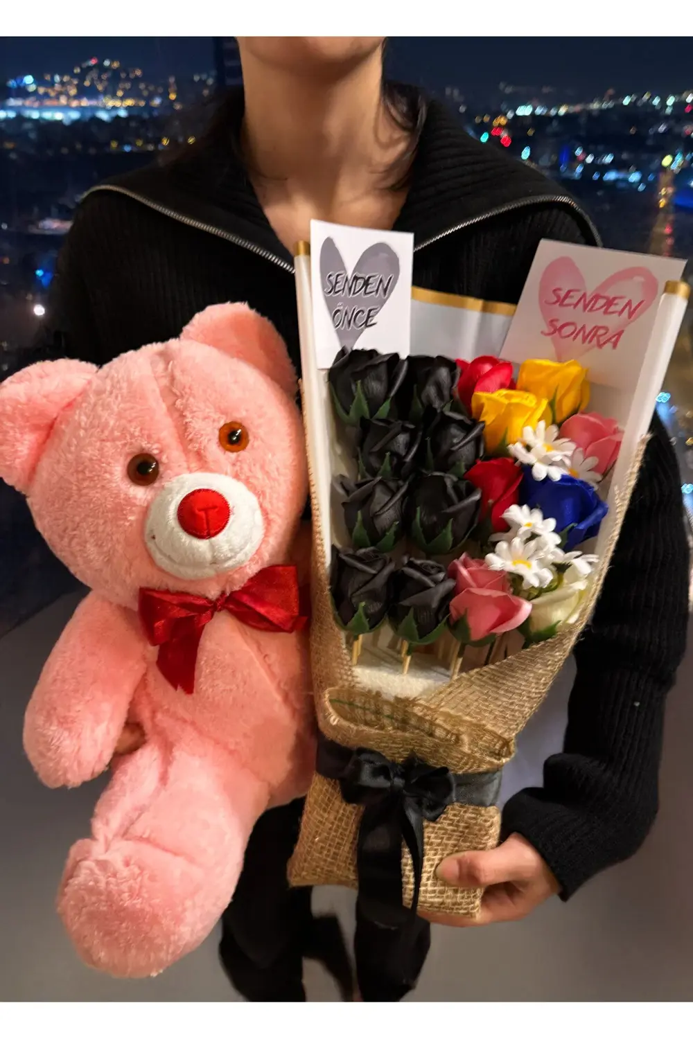 Senden Önce Senden Sonra Gül Buketi ve 35cm Pembe Ayıcık Sevgiliy