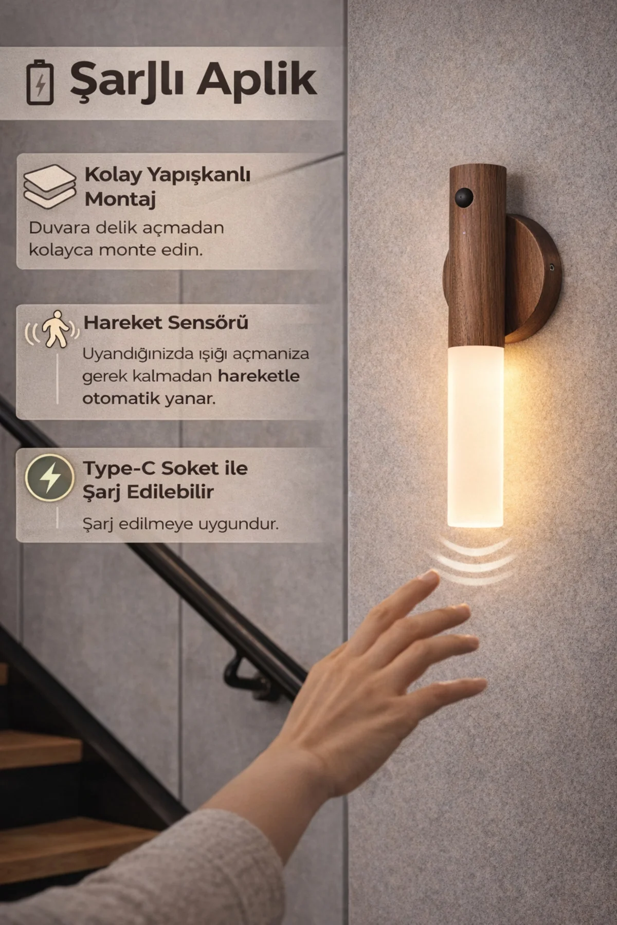 Sensörlü Dekoratif Meşale Duvar Aplik LED Gece Lambası Mıknatıslı Model