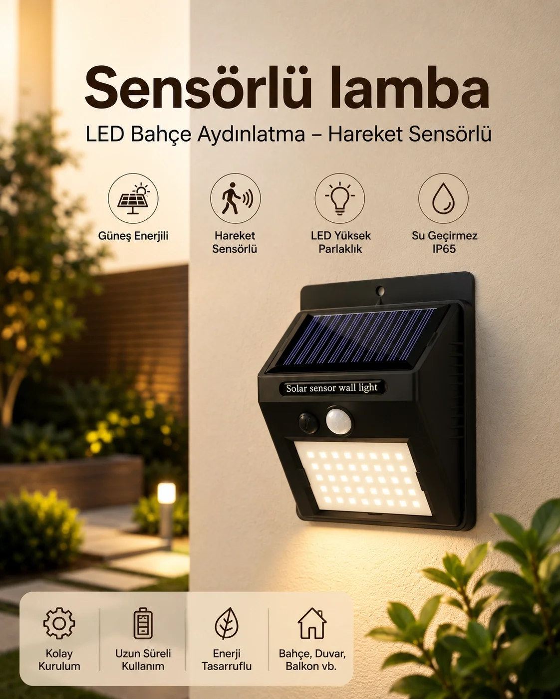 Sensörlü, Güneş Enerjili LED Duvar Lambası Bahçe ve Balkon Aydınlatma