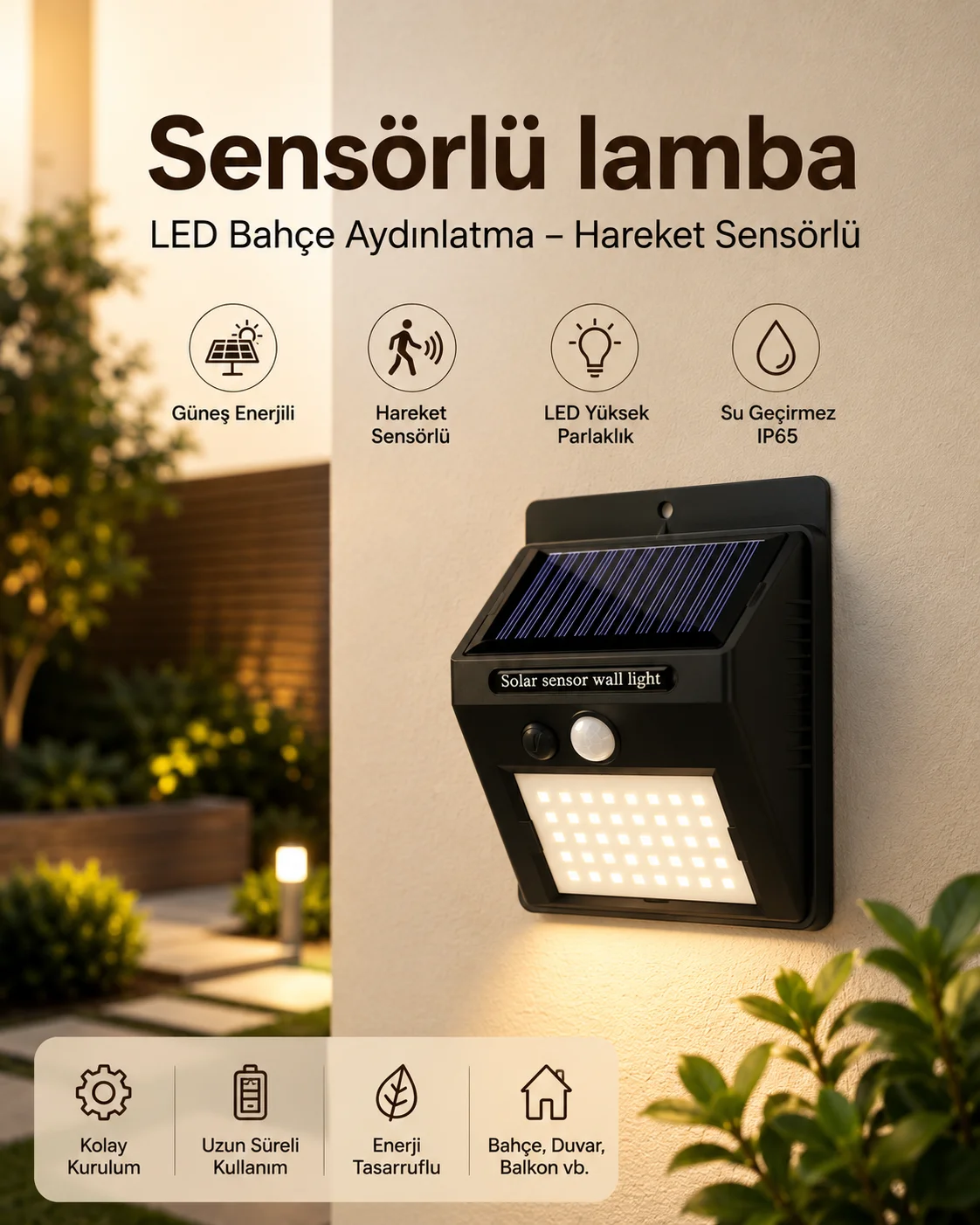 Sensörlü, Güneş Enerjili LED Duvar Lambası Bahçe ve Balkon Aydınlatma Fiyatı, Yorumları ve Özellikleri