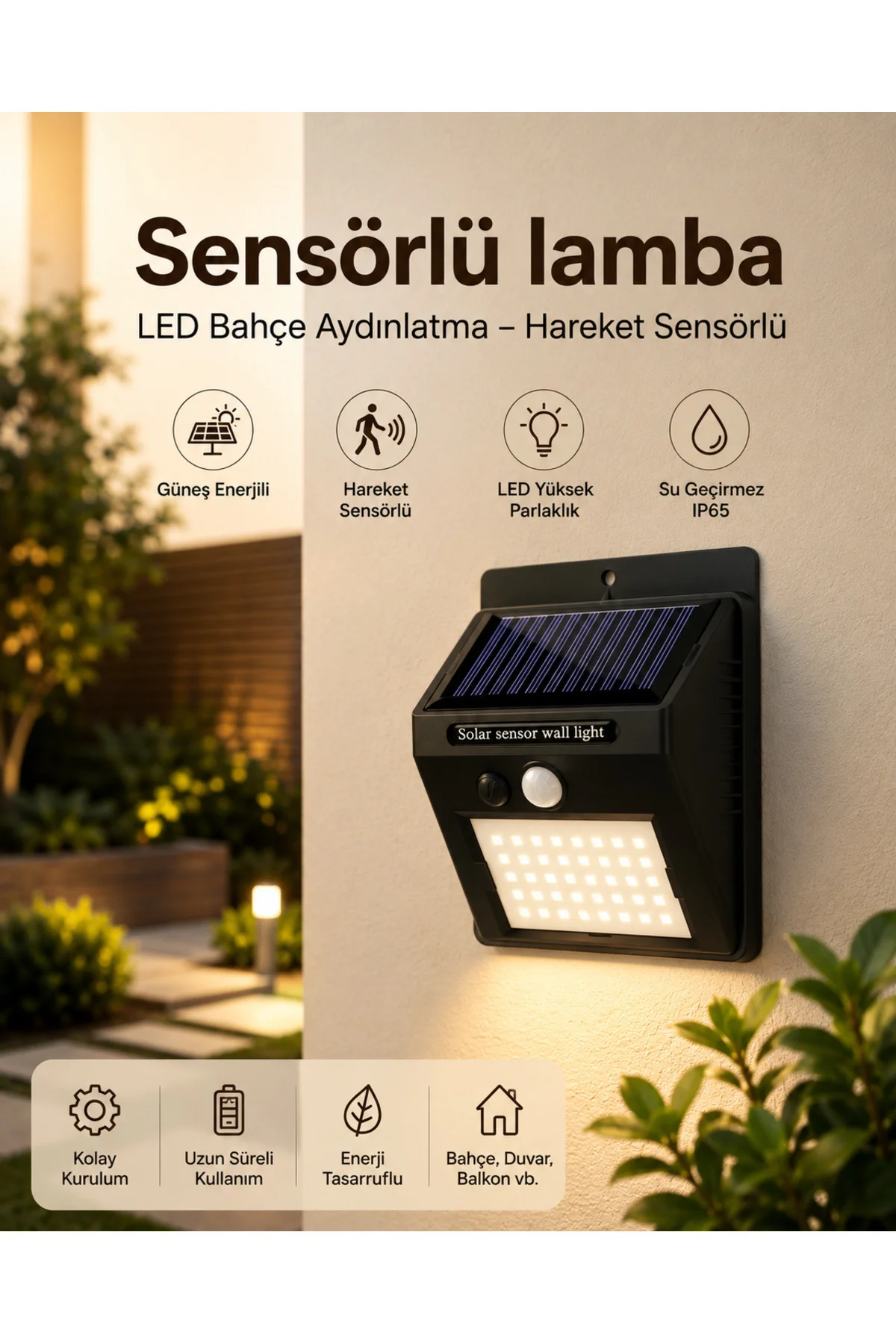 Sensörlü, Güneş Enerjili LED Duvar Lambası Bahçe ve Balkon Aydınl