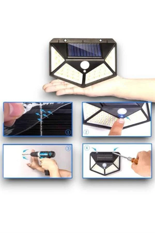 Sensörlü Güneş Enerjili Duvar Lambası - 100 LED PIR Algılayıcılı, 8 Saat Süreli IP65