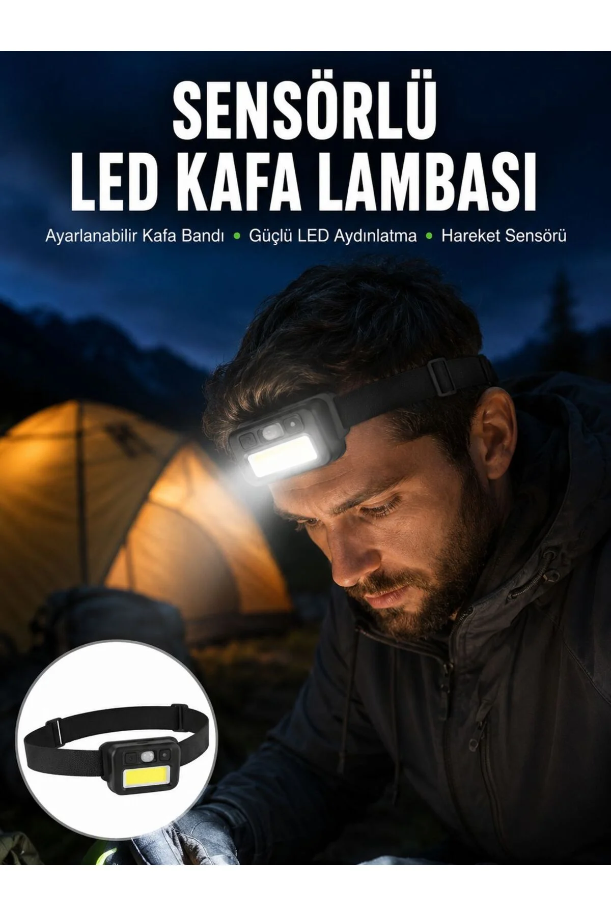 Sensörlü Kamp Lambası Ayarlanabilir Kafa Lambası Kafa Bantlı Yeni Nesil Sensörlü Kamp Lambası Ayarlanabilir Kafa Lambası Kafa Bantlı Yeni Nesil