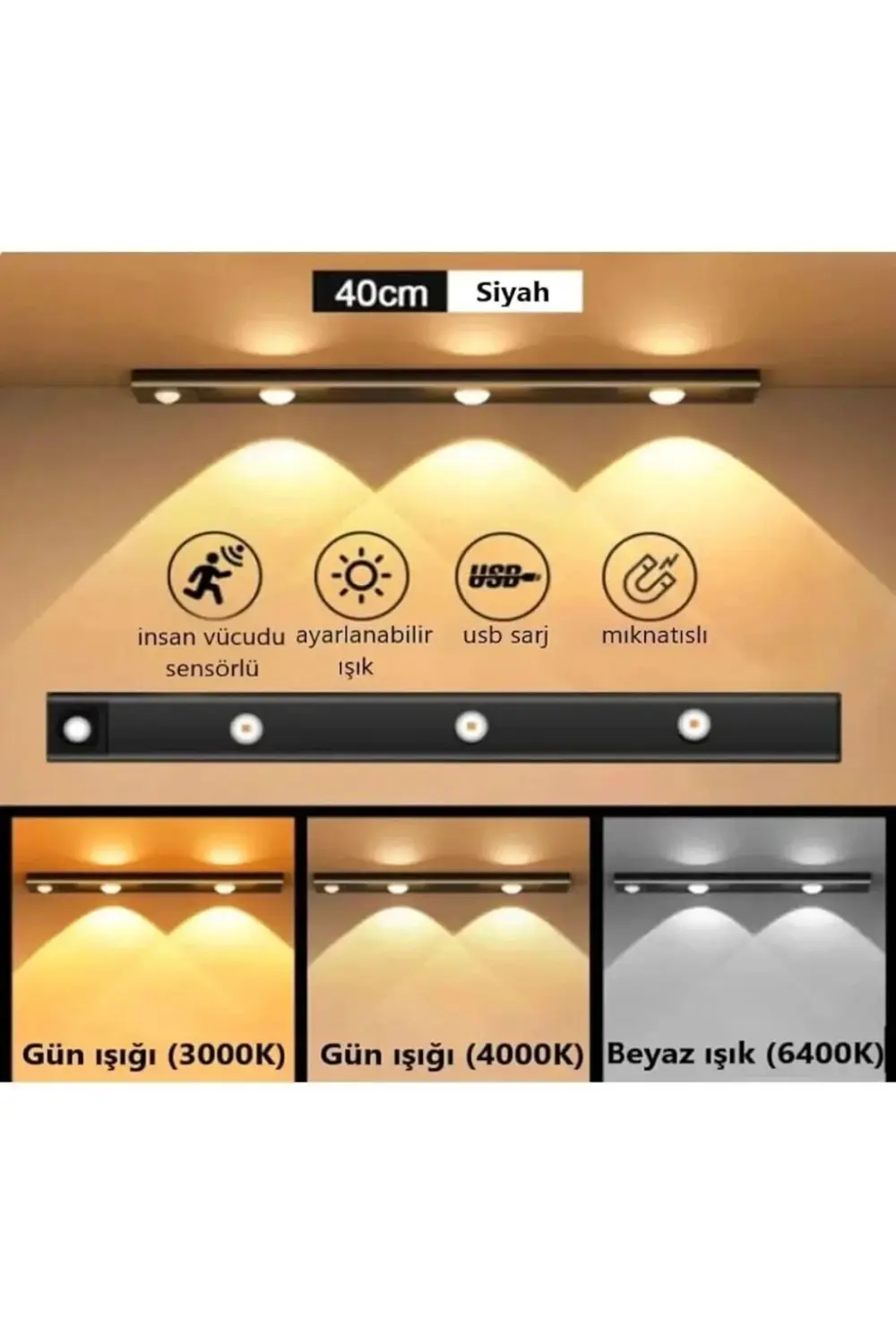 SENSÖRLÜ ŞARJLI DOLAP LAMBASI 40 CM 3200K-4000K-6400K